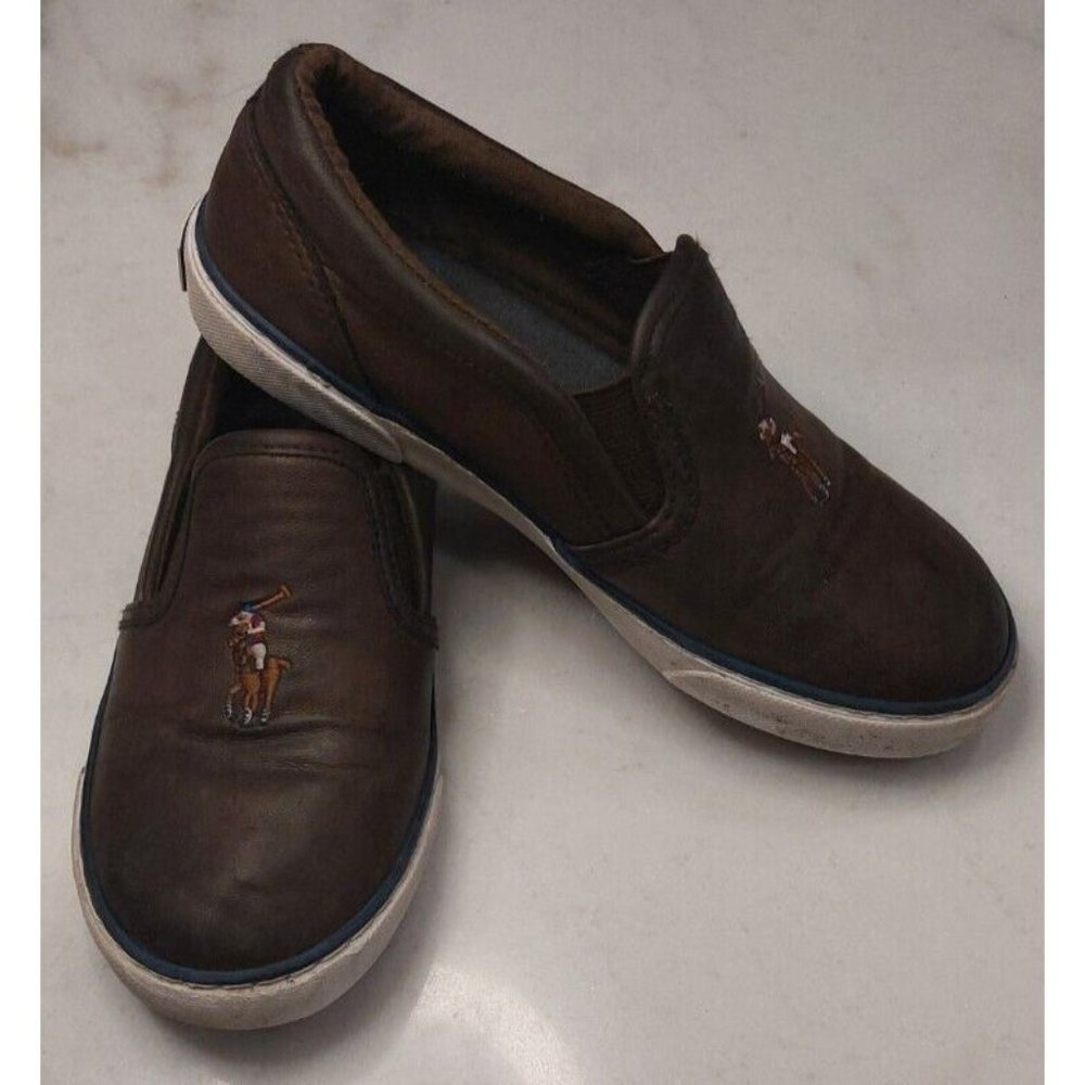 Kids Youth Boys Polo Ralph Lauren Slip On Shoes Sneakers Brown Leather Pony 1